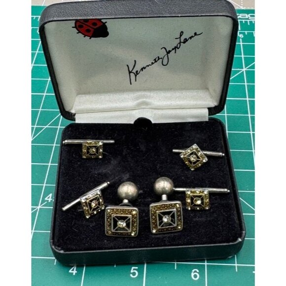 Kenneth L Lane Rhinestone and Enamel Cuff Link Set with Box